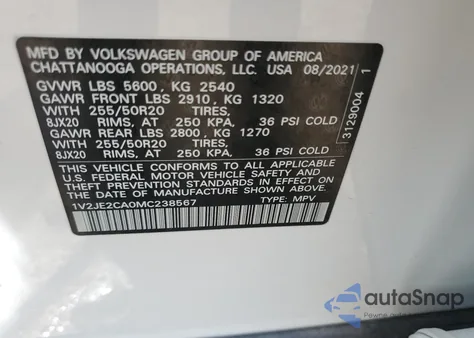2021 Volkswagen Atlas Cross Sport Se from USA, damaged, VIN 1V2JE2CA0MC238567